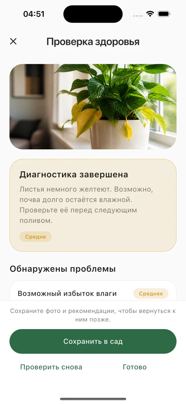 Пример AI-проверки растения в InPlant с возможными причинами и рекомендациями